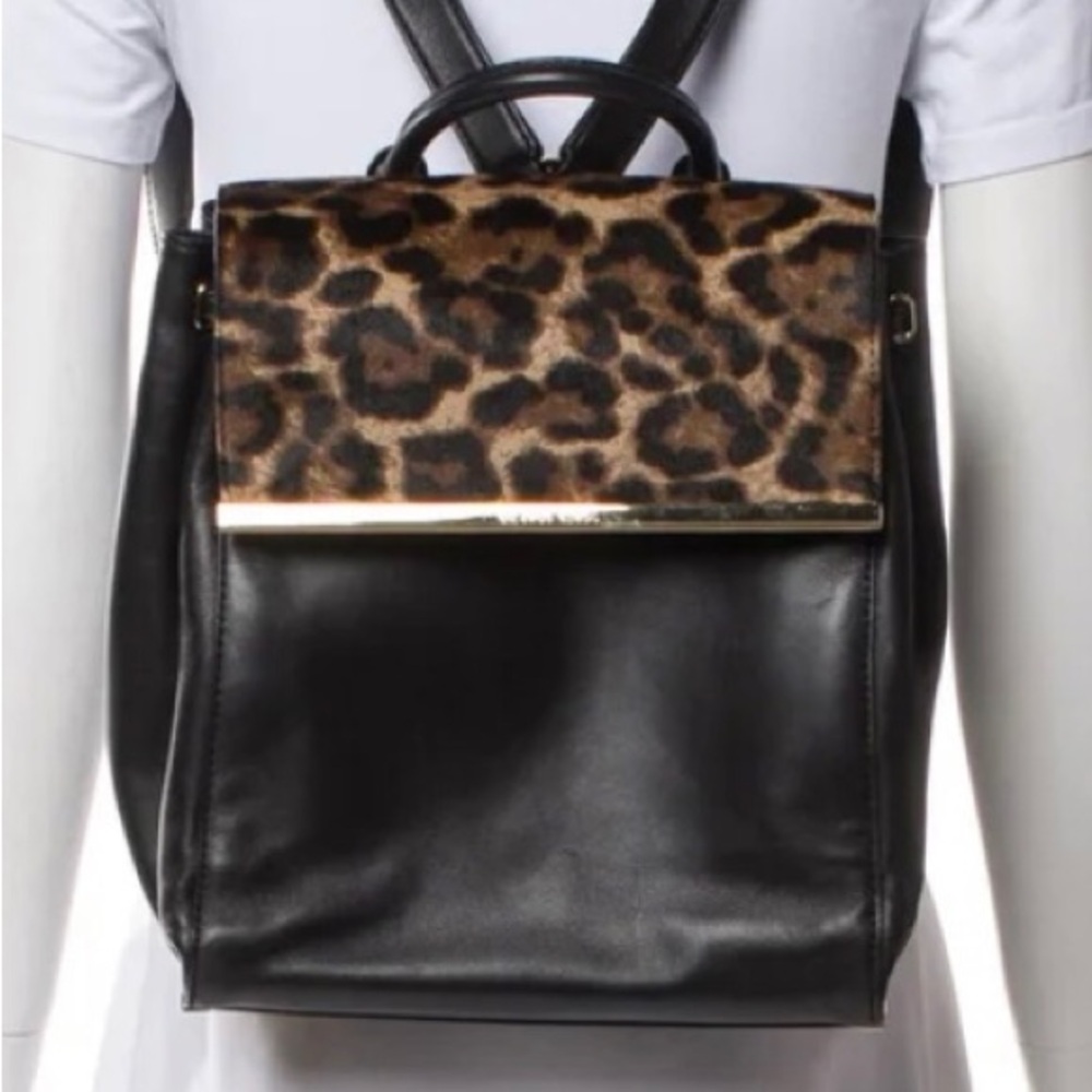 Michael Kors Black Backpack with Leopard-Print Flap and Gold Trim
